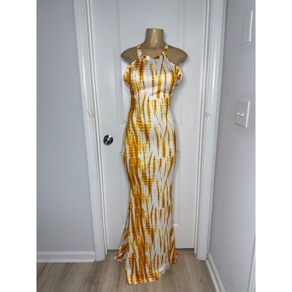Yellow & White Tie-Dye Sleeveless Maxi Dress With Racerback & Cutout Detail - Picture 1 of 4
